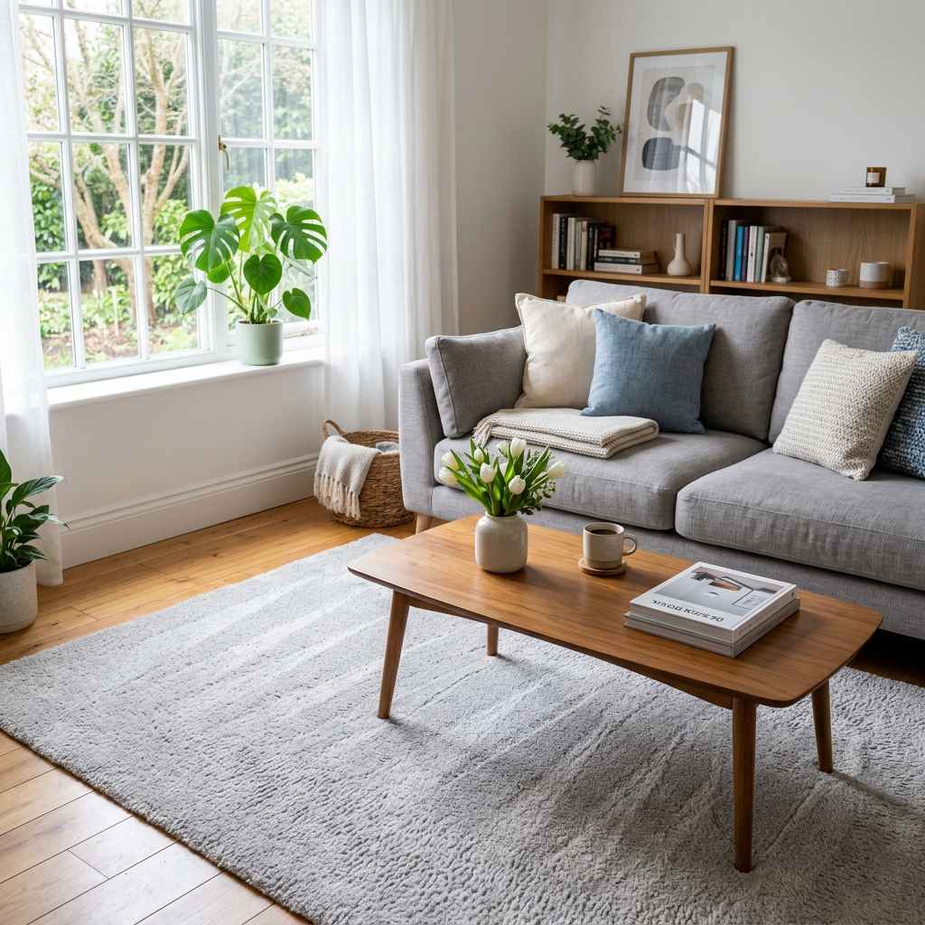 Pristine sunlit living room with fluffed sofa and fresh vacuum lines on the rug