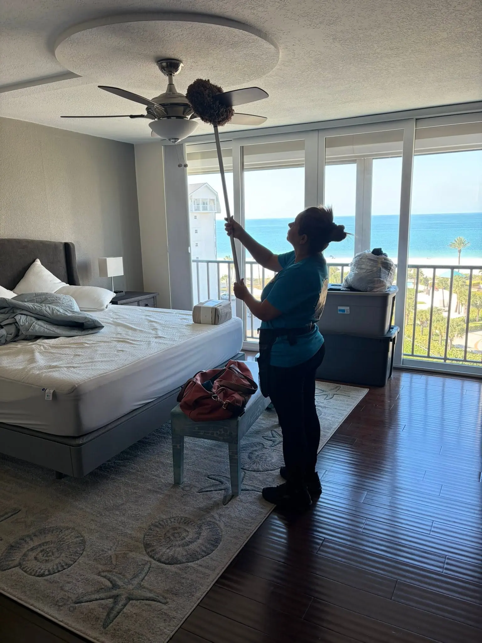 Ceiling fan blades dusted during whole-home cleaning in Palm Harbor