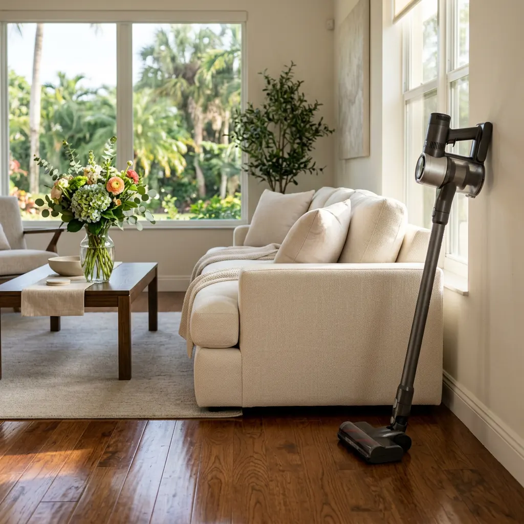 Freshly vacuumed Palm Harbor living room with cream sofa and cordless vacuum