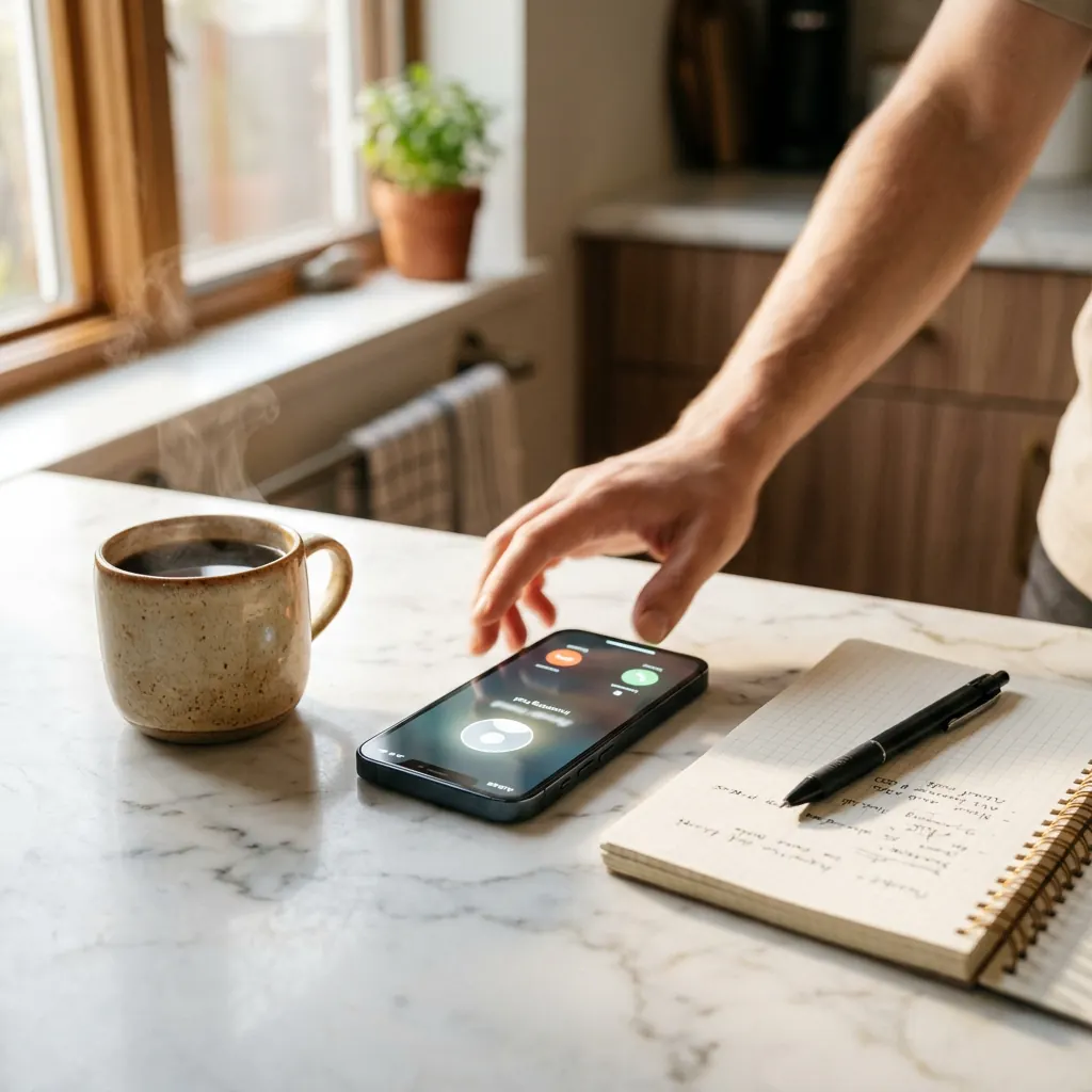 Hand reaching for a ringing smartphone on a marble counter with morning coffee