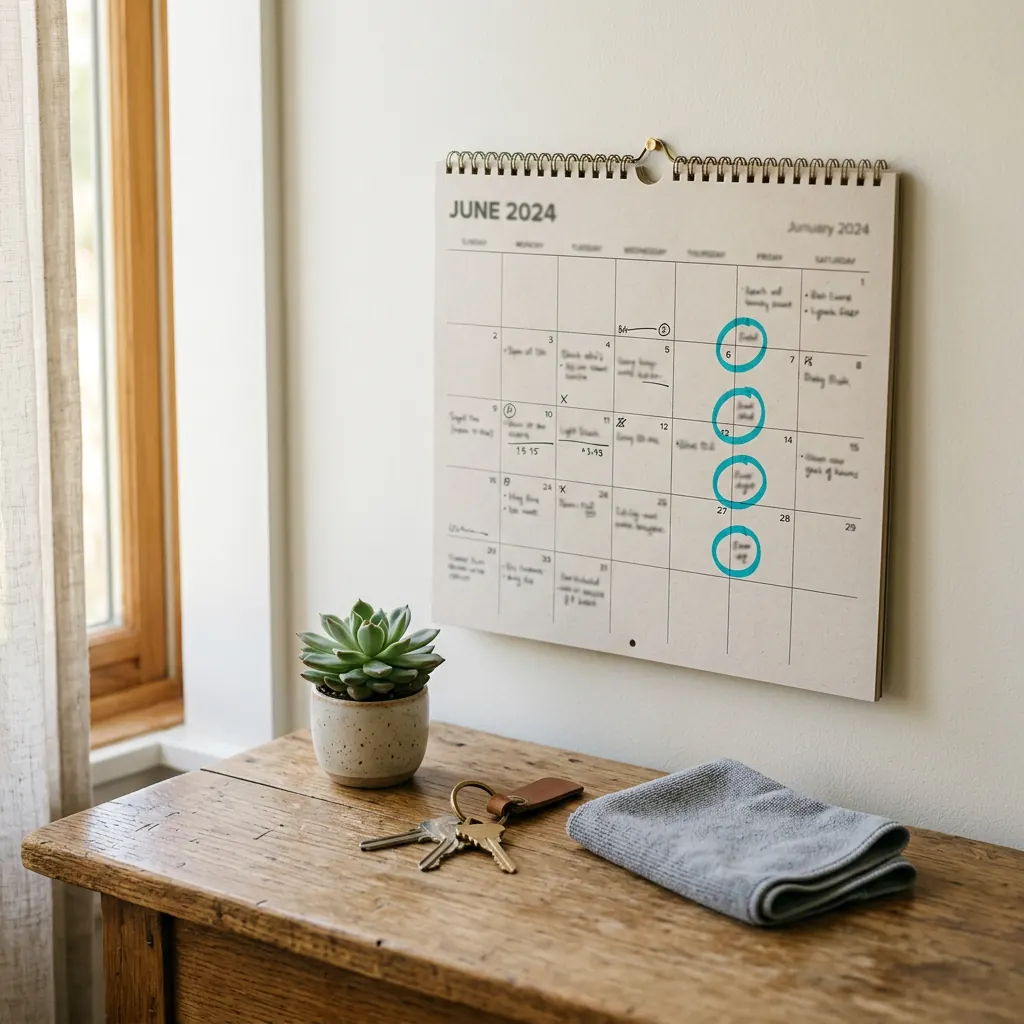 Wall calendar with recurring highlighted dates beside keys and a folded microfiber cloth