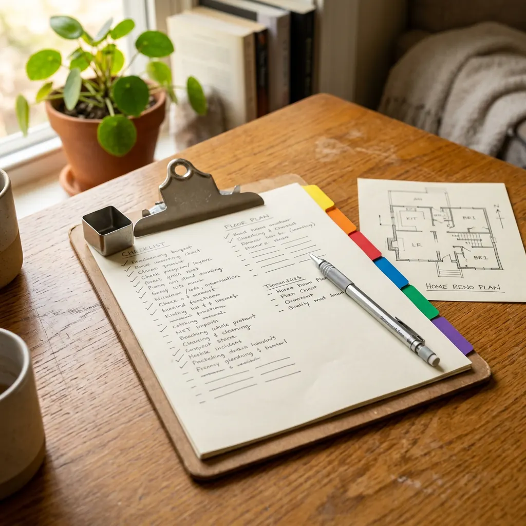 Clipboard with a color-tabbed cleaning checklist and floor plan sketch