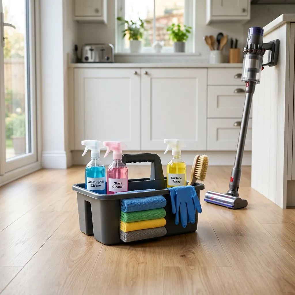 Professional cleaning caddy full of supplies beside a cordless vacuum on a spotless floor