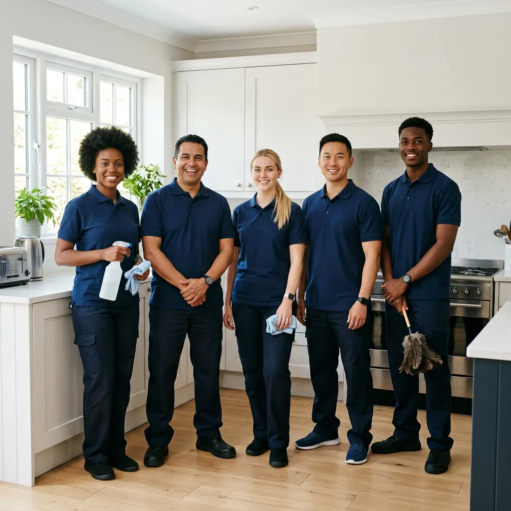 Bilingual cleaning team chatting warmly with a homeowner in a bright kitchen