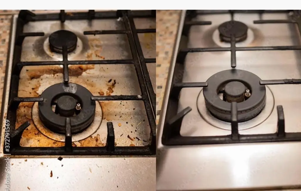 Gas stove burner degrease before and after in a Palm Harbor kitchen