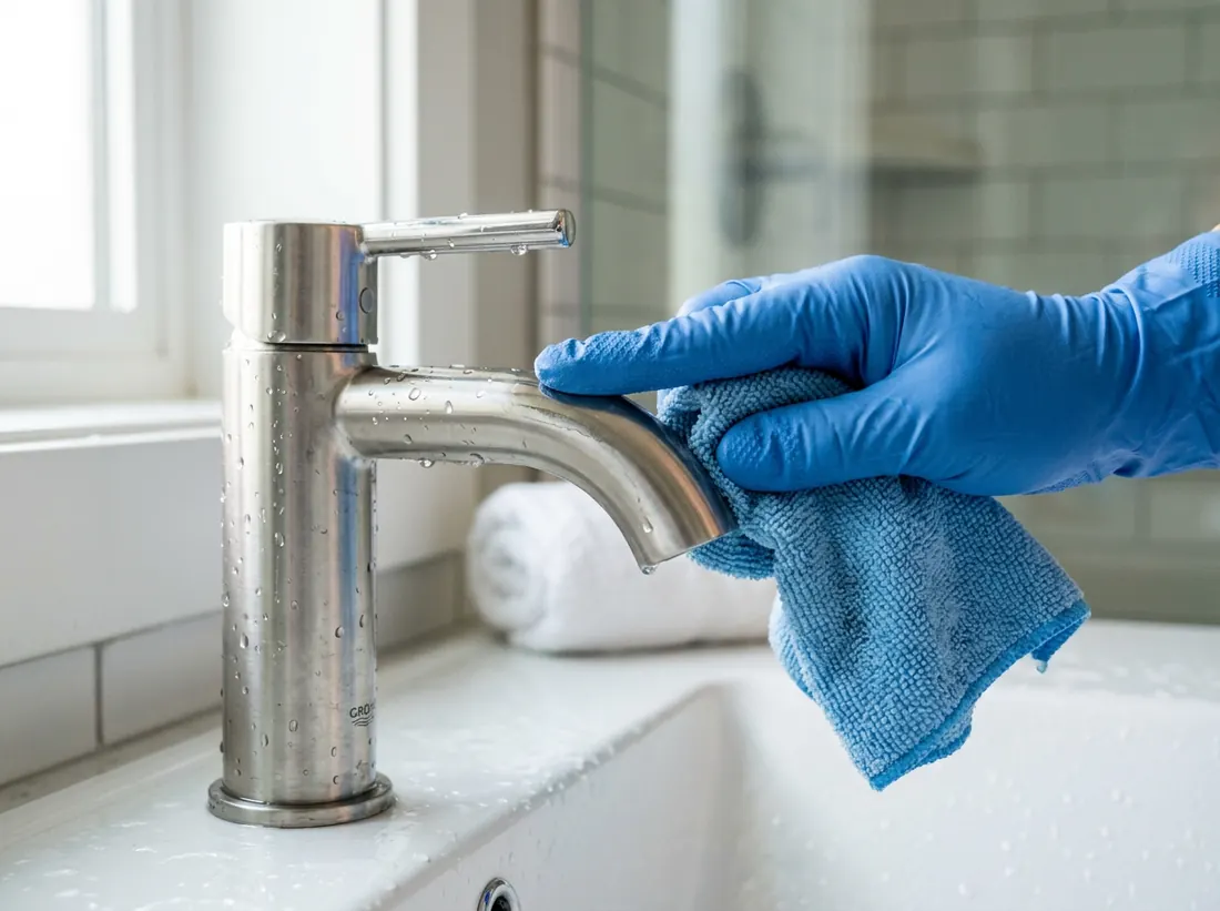 Gloved hand meticulously polishing a stainless bathroom faucet
