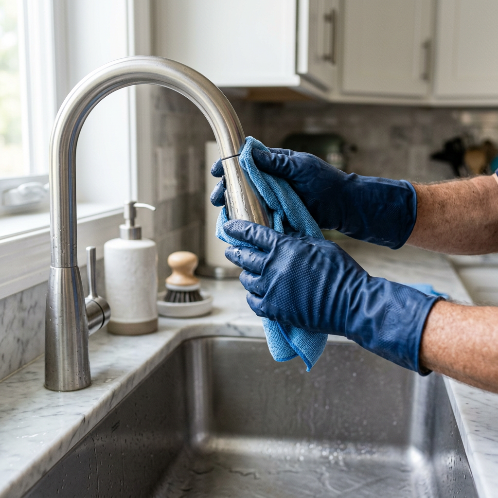 Polished cleaning trophy on marble kitchen counter