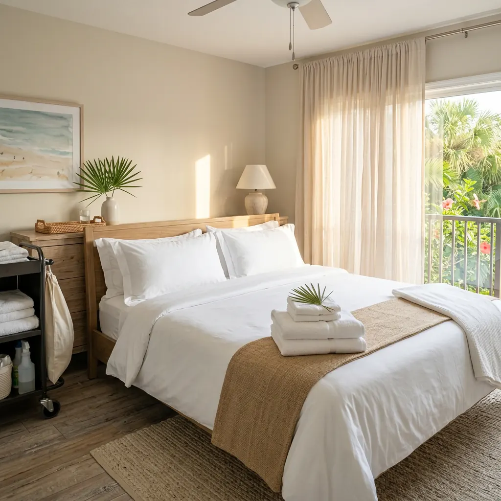Perfectly made Airbnb bed with folded towels and turnover cart in Palm Harbor