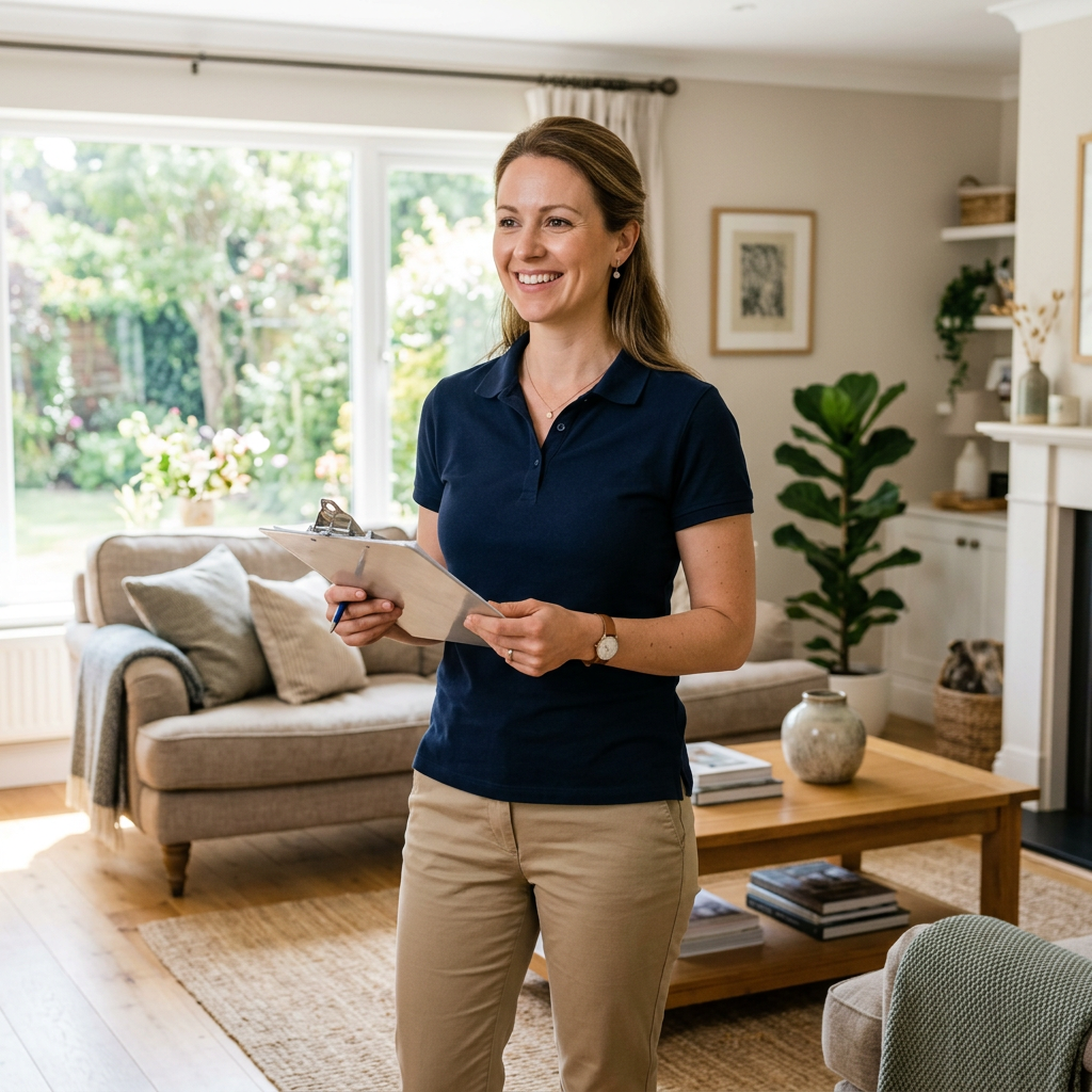 Gloved hand holding a cleaning checklist clipboard in a bright Palm Harbor living room
