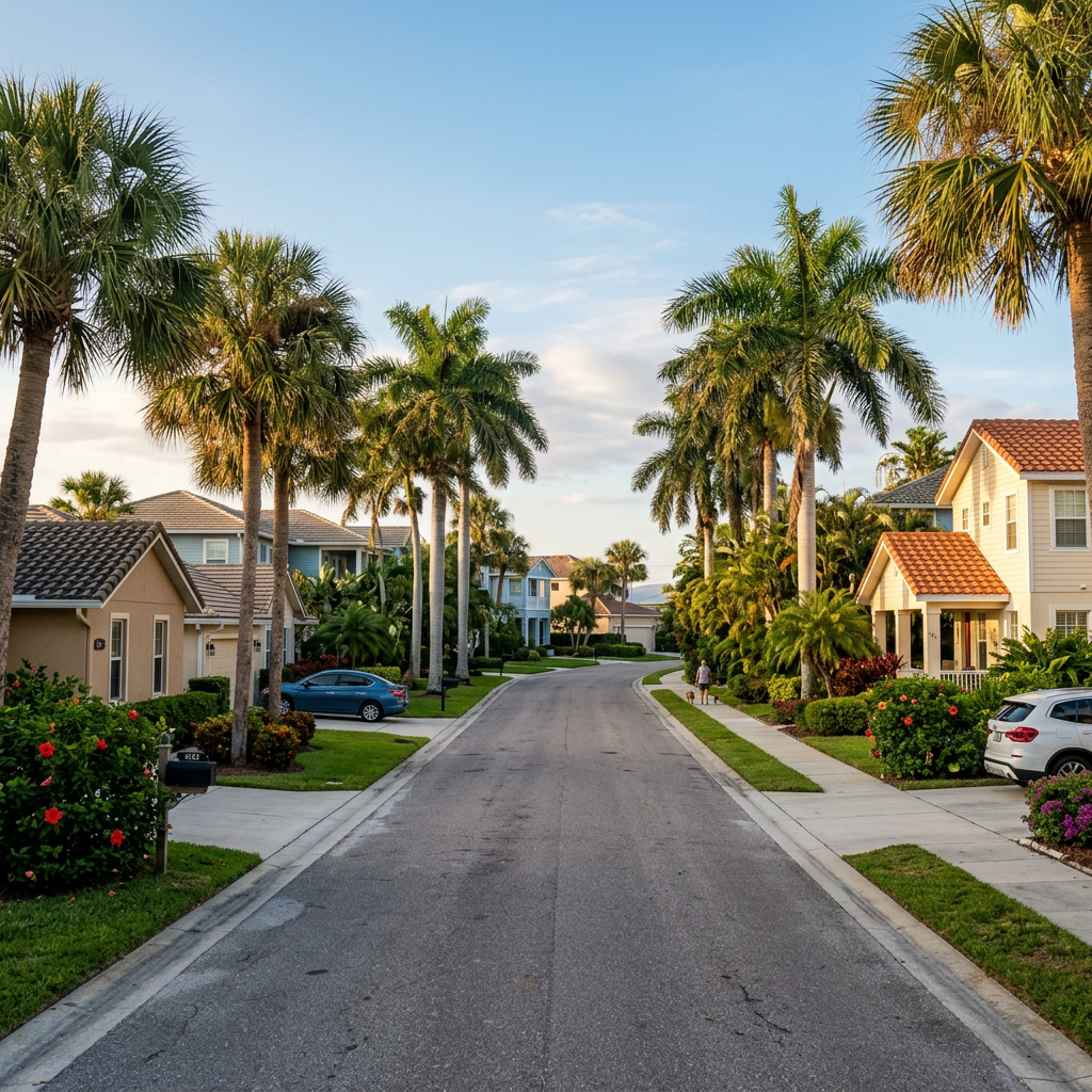 Coastal Florida neighborhood street lined with palm trees at golden hour